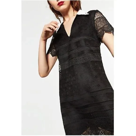 ZARA Guipure Black Lace Dress White Crochet Collar Size Small